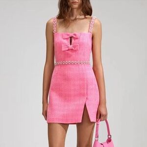 Self-Portrait Pink tweed Beaded Bouclé-Knit bow Minidress 6